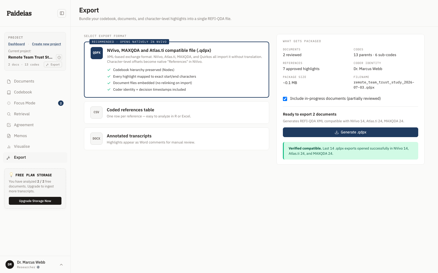 The Paideias Export screen, showing the QDPX format selected, with a summary of documents, codes, references, and filename on the right
